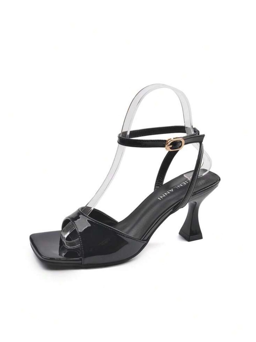 Black Patent Strappy Mid-Heel Sandal by